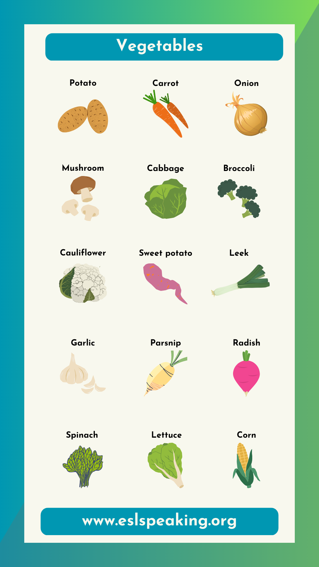 fruits and vegetables list for kids